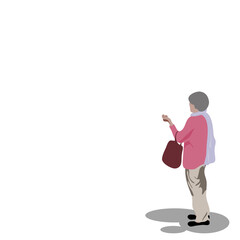 Vector isolate flat design of side view of Elderly woman has short hair, wearing brown trousers, pink coat Carry a handbag on the left arm is standing on the right corner of the white background.