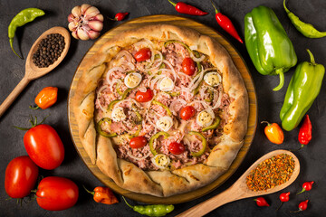 Delicious rustic pizza top view.