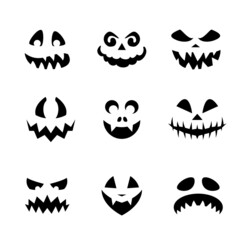 Pumpkin Emojis. Halloween Devil Faces Silhouettes Collection. Spooky Creatures with evil Eyes, Teeth, and Creepy Smiles Set on White Backdrop