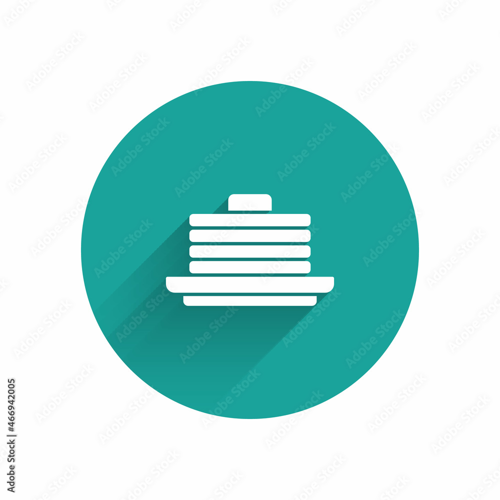 Poster white stack of pancakes icon isolated with long shadow. baking with syrup and cherry. breakfast conc