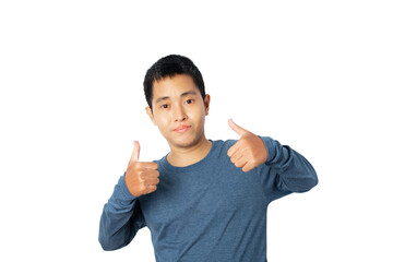Young man showing approving doing positive gesture with hand for success. isolated on white background.