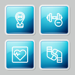 Set line Location gym, Dumbbell, Heart rate and Socks icon. Vector