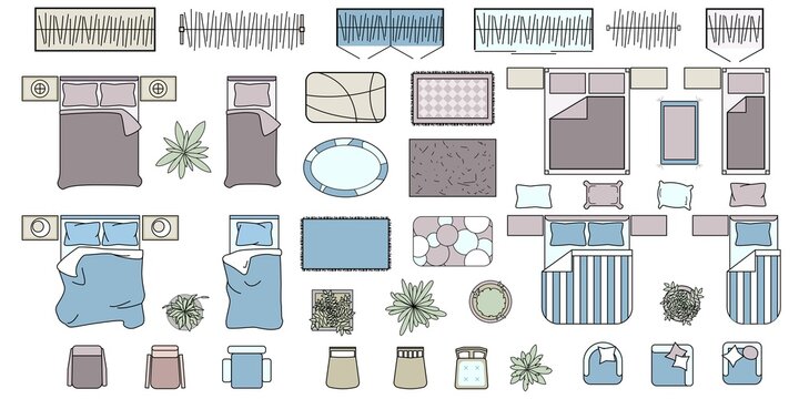Furniture for bedroom Top view. Set of colored elements for interior design of house, apartment, flat. Architectural icons, beds, armchairs, plant, carpers. Furniture symbols. Isolated Vector 