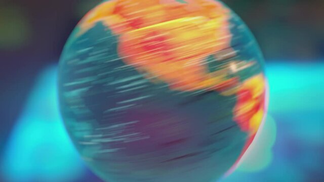 Fast rotating colorful glowing earth globe. Looping animation. 
