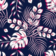 Tropical jungle seamless pattern with pink gray abstract monstera palm leaves plants and foliage on dark background. vector design. fashionable texture. Exotic tropics. Summer design. nature wallpaper © Dian Husaeni