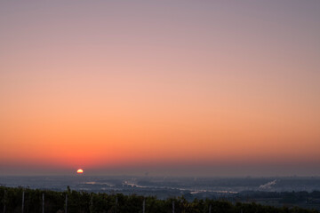 View in the early morning at sunrise towards Wiesbaden / Germany and the Rhine 