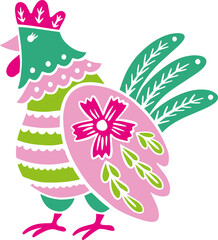 Pink Folk Chicken Vector Illustration set on white background. Perfect for any folk project or farm theme. Suitable for web design, print, Perfectly suited for traditional media and web. 