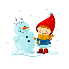 A little gnome makes a snowman. Winter fun.