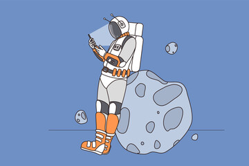 Astronaut on asteroid use modern smartphone browse wireless internet in open space. Spaceman in costume on moon text message on cellphone gadget. Technology. Flat vector illustration. 