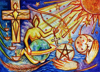 Art surreal fantasy new age. Hand drawing and painting on paper.