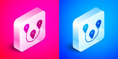 Isometric Route location icon isolated on pink and blue background. Map pointer sign. Concept of path or road. GPS navigator. Silver square button. Vector