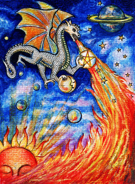 Art fantasy dragon flying on the sky. Hand drawing and painting on paper.