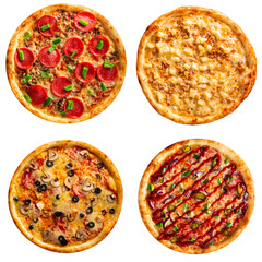 Set of different pizzas collage isolated on white background
