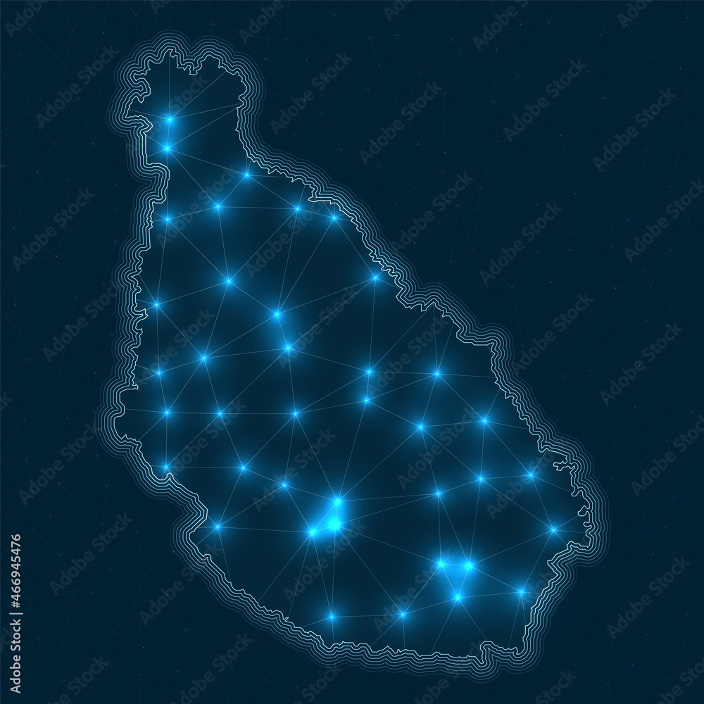 Poster santiago island network map. abstract geometric map of the island. digital connections and telecommu