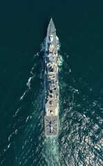 Aerial view of naval ship, battle ship, warship, Military ship resilient and armed with weapon...