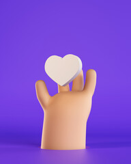 3D illustration of light skin tone hand holding a white heart over a purple background.