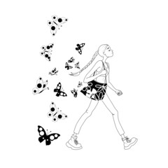 A cute girl walks with a shopping bag with flying butterflies. The concept of happiness and love.