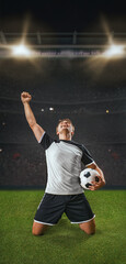 soccer players cheering in a large stadium - vertical poster concept