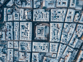 aerial view of snowed lviv center