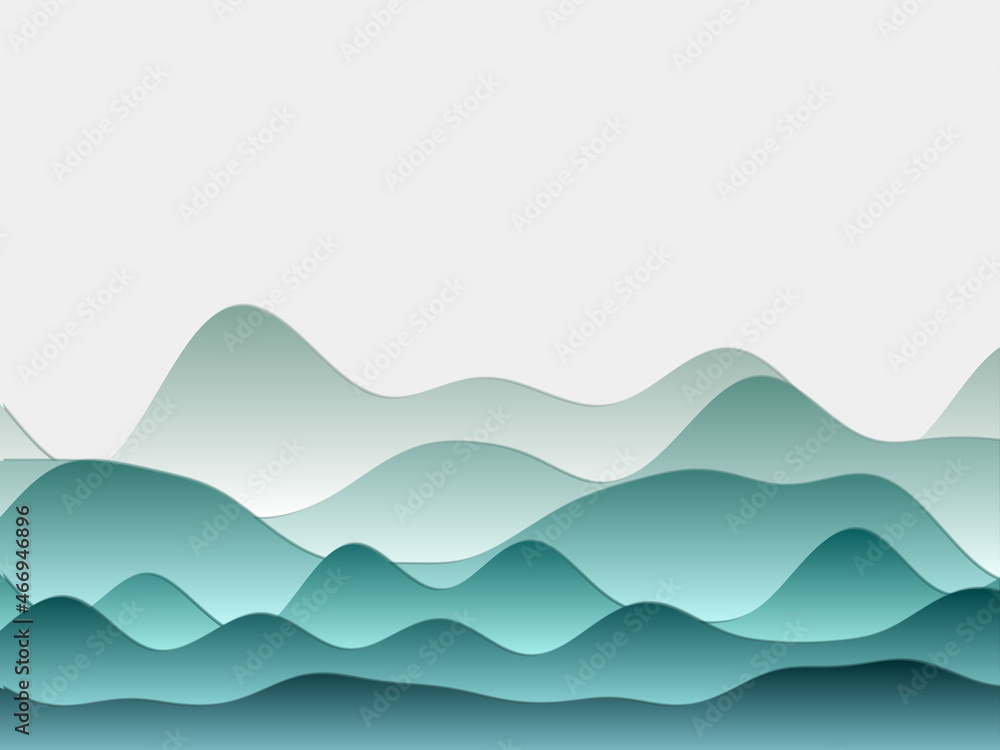 Poster abstract mountains background with curved layers in mint colors. papercut style hills in a neat vect