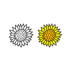 Doodle outline and colored sunflower icons.