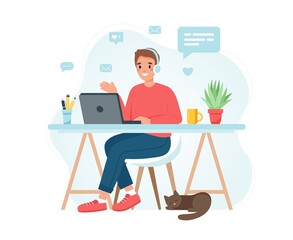 Fototapeta na wymiar Home office concept, man working from home, student or freelancer. Cute vector illustration in flat style