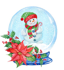 Snowman in a snow globe watercolor illustration