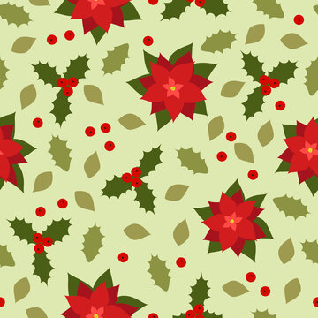 Christmas Winter Poinsettia and Holly Flowers. Seamless Background.
