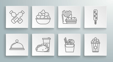 Set line Covered with a tray of food, Paper glass and taco tortilla, Asian noodles paper box chopsticks, cardboard, Burger french fries carton package, Ice cream and Crossed bottle water icon. Vector