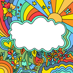 Fototapeta na wymiar Hippie style cloud frame in ethnic style with rainbow, sun, stars and flowers. Vivid color vector illustration.