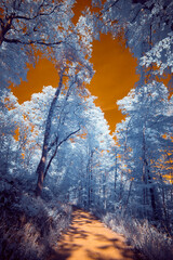 Infrared Photo - A surreal dramatic forest with a burning sky in infrared light shining throu the...