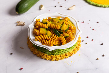 Pasta with zucchini and saffron. Typical italian dish, good for vegan and vegetarian people.