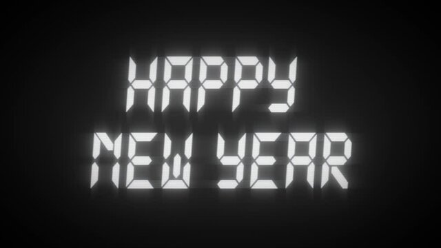 The inscription Happy New Year on a black background. White black color. Digital font. 3d animation of a seamless loop