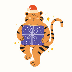 Funny tiger with a Christmas gift in a Santa Claus hat. Holiday cartoon character of a animal. Wishes for a Happy New Year 2020. Symbol of the Year of the Tiger. Vector illustration in a trendy style.