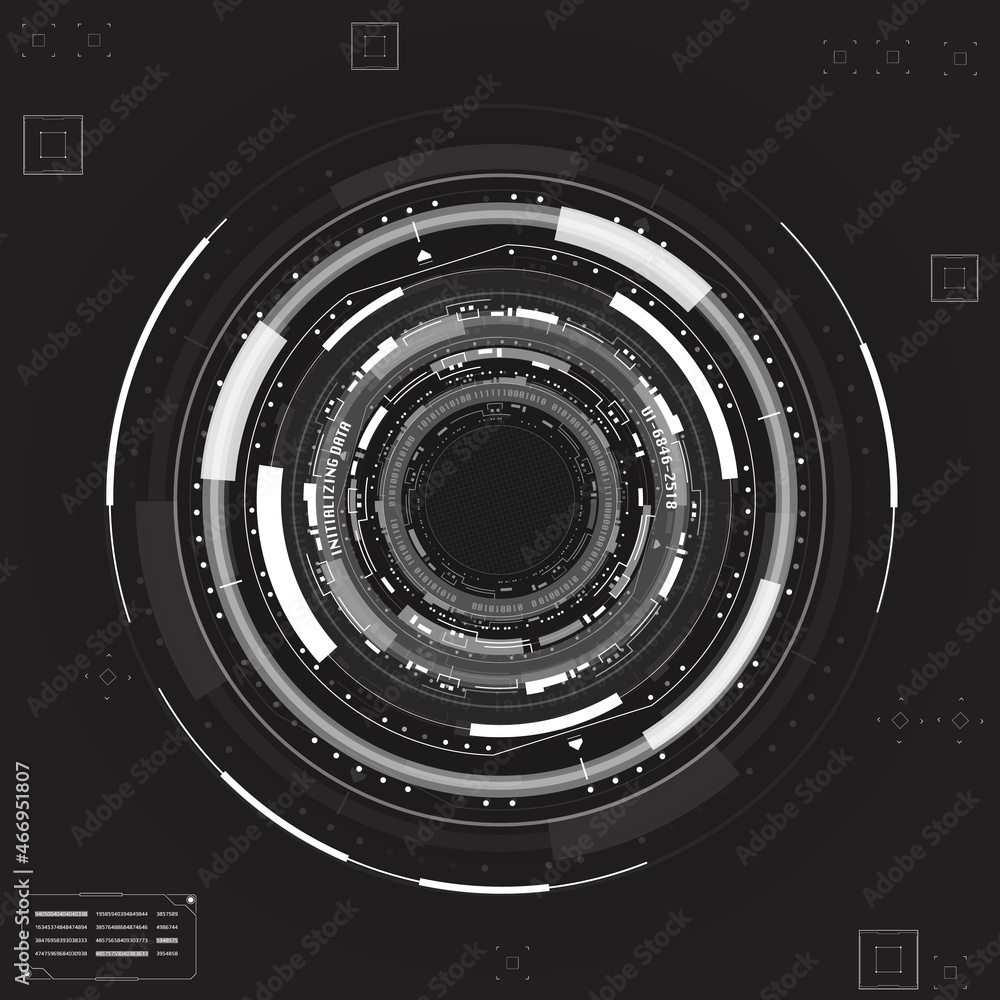 Poster HUD UI Circular Scifi Futuristic Shape Scanning System Report Concept Vector. Abstract Virtual Circle Line Connection Reality Technology Illustration.
