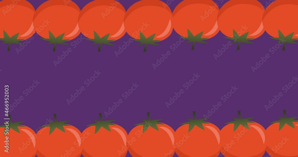 Poster animation of two rows of red tomatoes moving at top and bottom of purple background