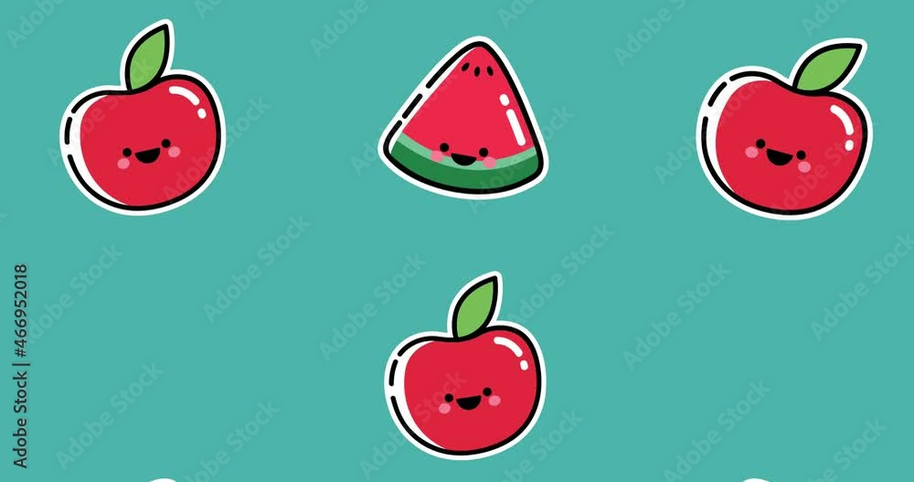 Poster Animation of smiling red apples and watermelon slices moving upwards on blue background