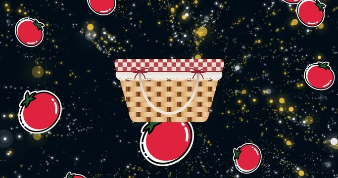 Animation of picnic hamper with falling red tomatoes over yellow and white dots on black background