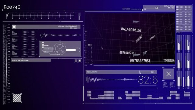 Animation of numbers changing and data processing on screens background