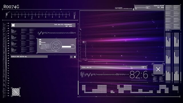 Animation of numbers changing and data processing on purple screens in background