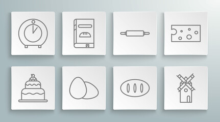 Set line Cake, Cookbook, Chicken egg, Bread loaf, Windmill, Rolling pin, Cheese and Kitchen timer icon. Vector