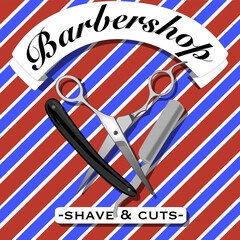 Barbershop logo on a red and blue background with scissors and a straight razor.