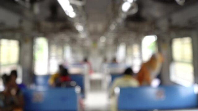 Blur shot of train interior, Mumbai, India