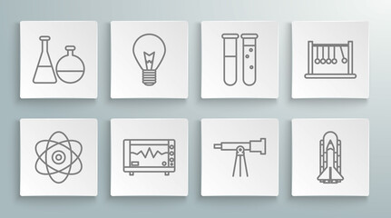 Set line Atom, Light bulb with concept of idea, Computer monitor cardiogram, Telescope, Space shuttle and rockets, Test tube flask chemical laboratory, Pendulum and icon. Vector