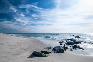 Deserted Long Island beach at fall, seagull, rocks