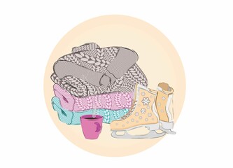 Fototapeta premium Vector cozy winter. New Year illustration with skates, sweaters and a mug. Template for postcard, poster, banner, print and other use.
