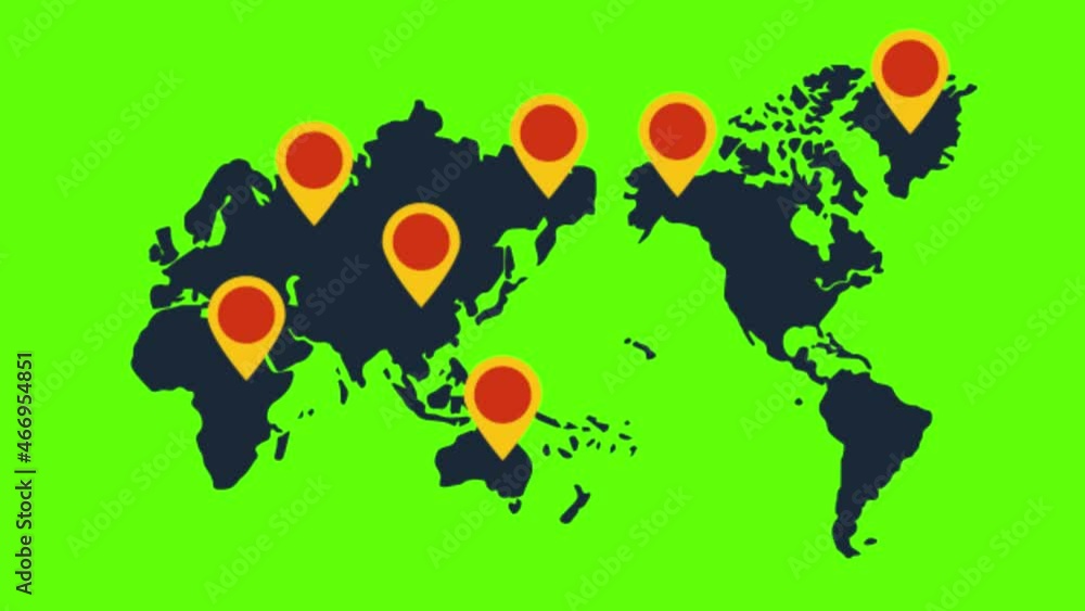 Poster an animation of a world map and pinned location signs on a green screen background