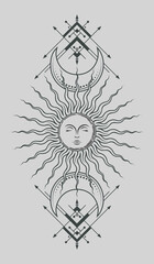 Outline sketch tattoo mystical crescents, sun with face and frame with arrows. Vector linear isolated illustration in boho style. Magical background with occult symbols. Cover for tarot card