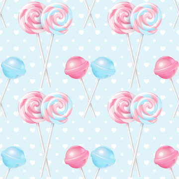 Festive vector realistic striped twisted and spherical lollipops seamless pattern. Three-dimensional spiral and round colorful glossy candies on sticks on a blue background with hearts and points