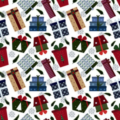 Christmas seamless pattern. White background, Perfect for wallpaper, paper, box, packaging.
